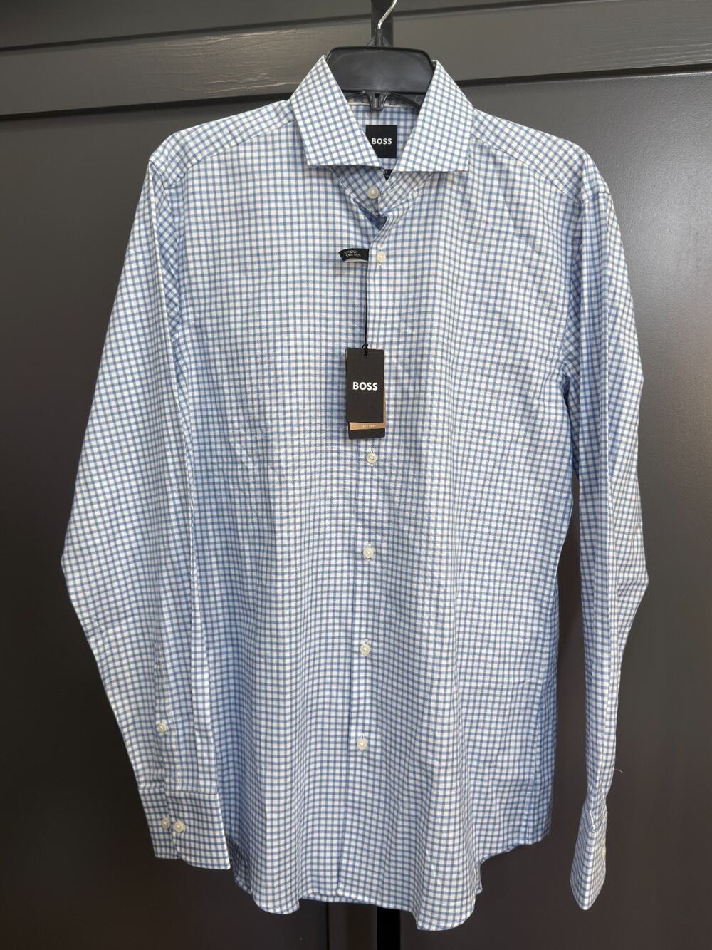 Hugo Boss Slim Fit Gingham Check Shirt Blue White Long Sleeve 15.5 M NWT